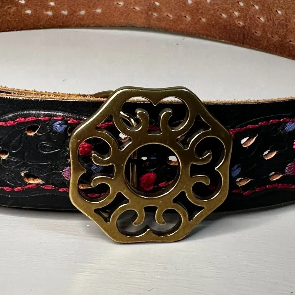 Lucky Brand Embroidered Peacock Black Leather Belt Large Studs Boho